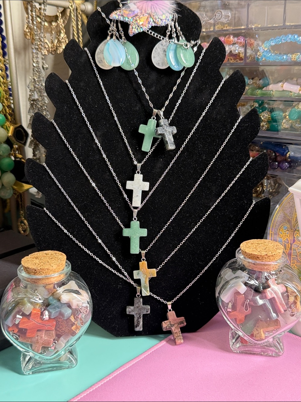Silver Chain Cross Necklace with Stone Pendant - Multiple Colors - Picture 2 of 5